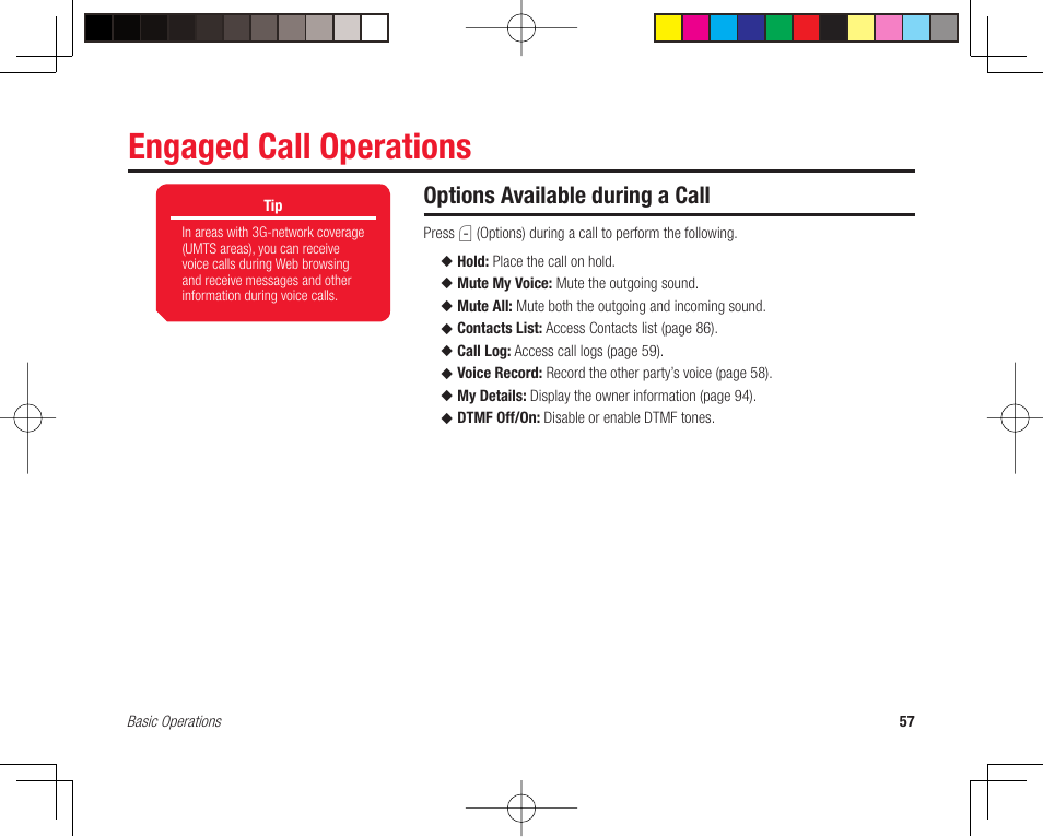 Engaged call operations, Options available during a call | Toshiba 705T User Manual | Page 57 / 315