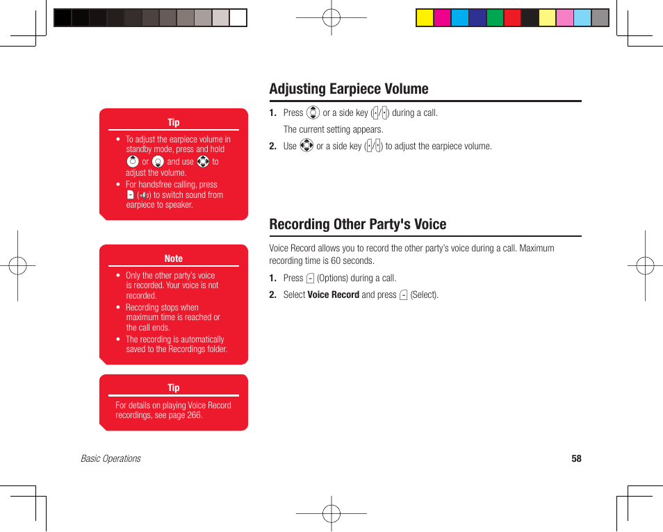 Adjusting earpiece volume, Recording other party's voice | Toshiba 705T User Manual | Page 58 / 315