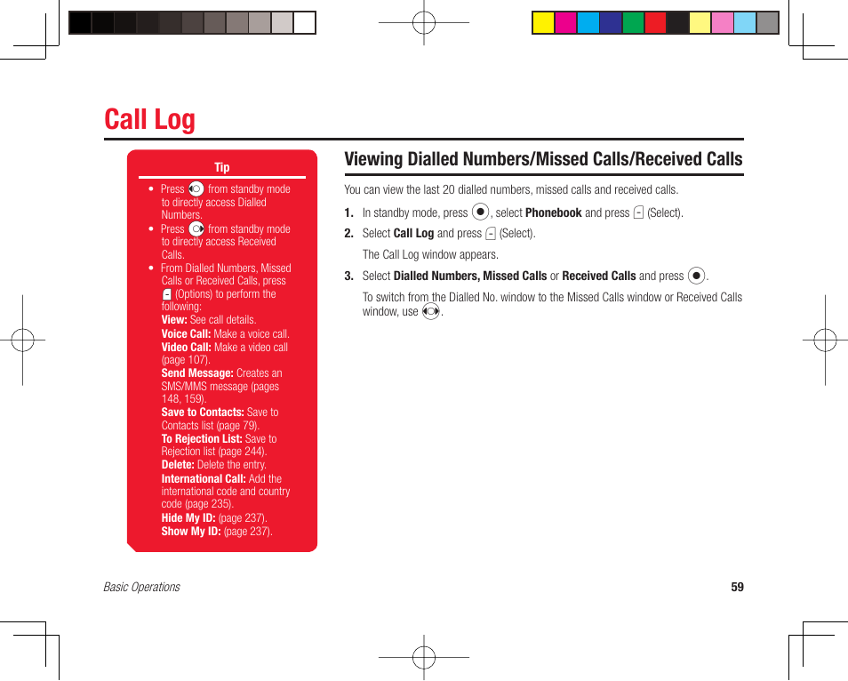 Call log | Toshiba 705T User Manual | Page 59 / 315