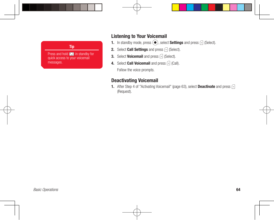 Listening to your voicemail, Deactivating voicemail | Toshiba 705T User Manual | Page 64 / 315