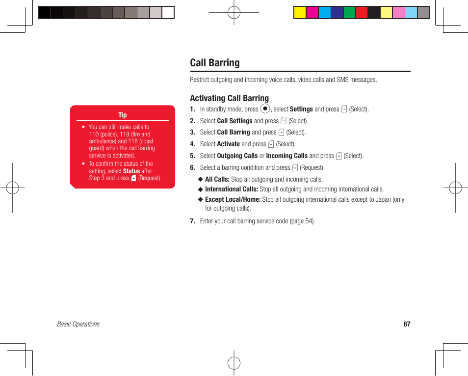 Call barring, Activating call barring | Toshiba 705T User Manual | Page 67 / 315