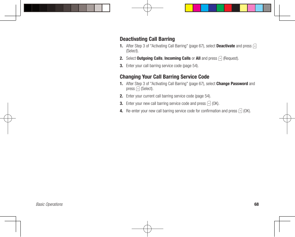 Deactivating call barring, Changing your call barring service code | Toshiba 705T User Manual | Page 68 / 315