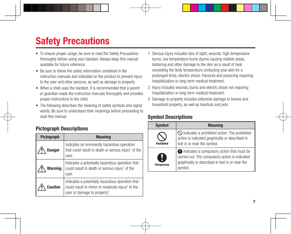 Safety precautions, Pictograph descriptions, Symbol descriptions | Toshiba 705T User Manual | Page 7 / 315