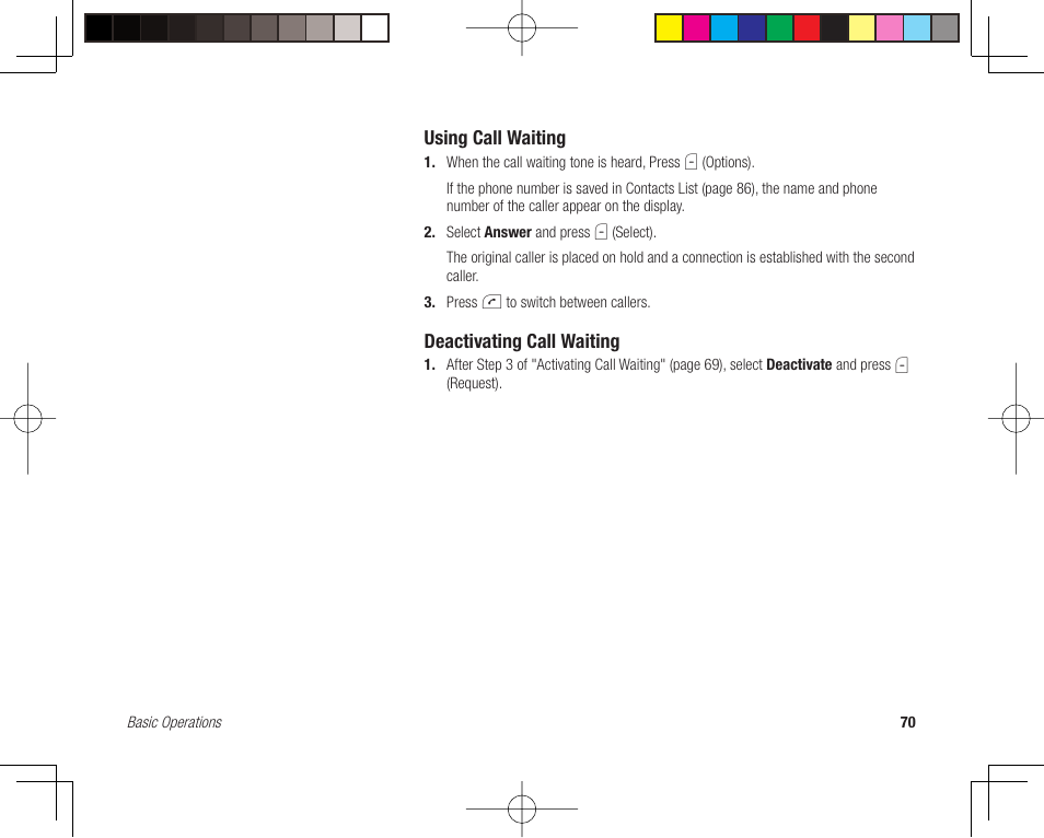 Using call waiting, Deactivating call waiting | Toshiba 705T User Manual | Page 70 / 315