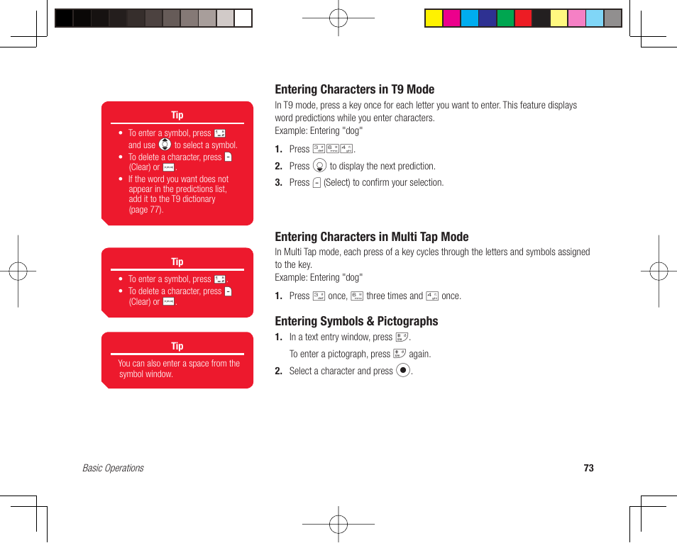 Entering characters in t9 mode, Entering characters in multi tap mode, Entering symbols & pictographs | Toshiba 705T User Manual | Page 73 / 315