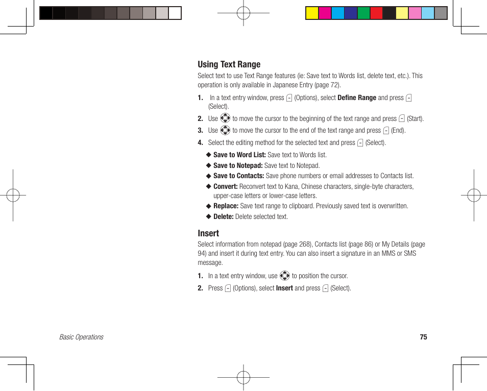 Using text range, Insert | Toshiba 705T User Manual | Page 75 / 315
