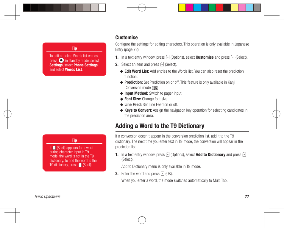 Adding a word to the t9 dictionary, Customise | Toshiba 705T User Manual | Page 77 / 315