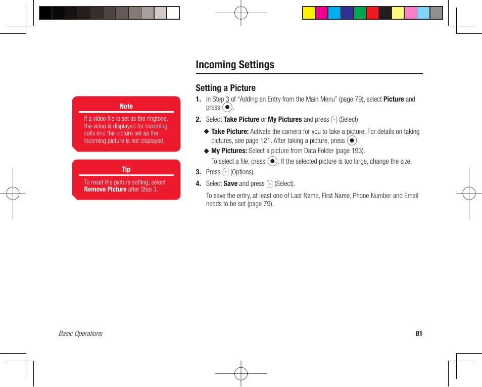 Incoming settings, Setting a picture | Toshiba 705T User Manual | Page 81 / 315