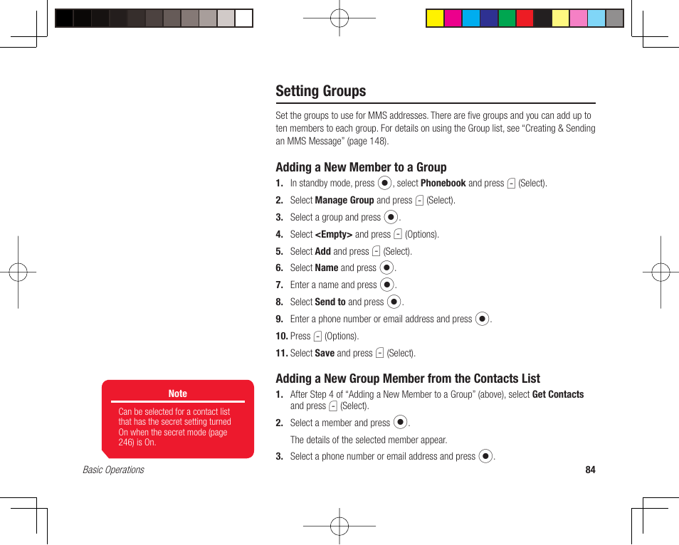 Setting groups, Adding a new member to a group, Adding a new group member from the contacts list | Toshiba 705T User Manual | Page 84 / 315