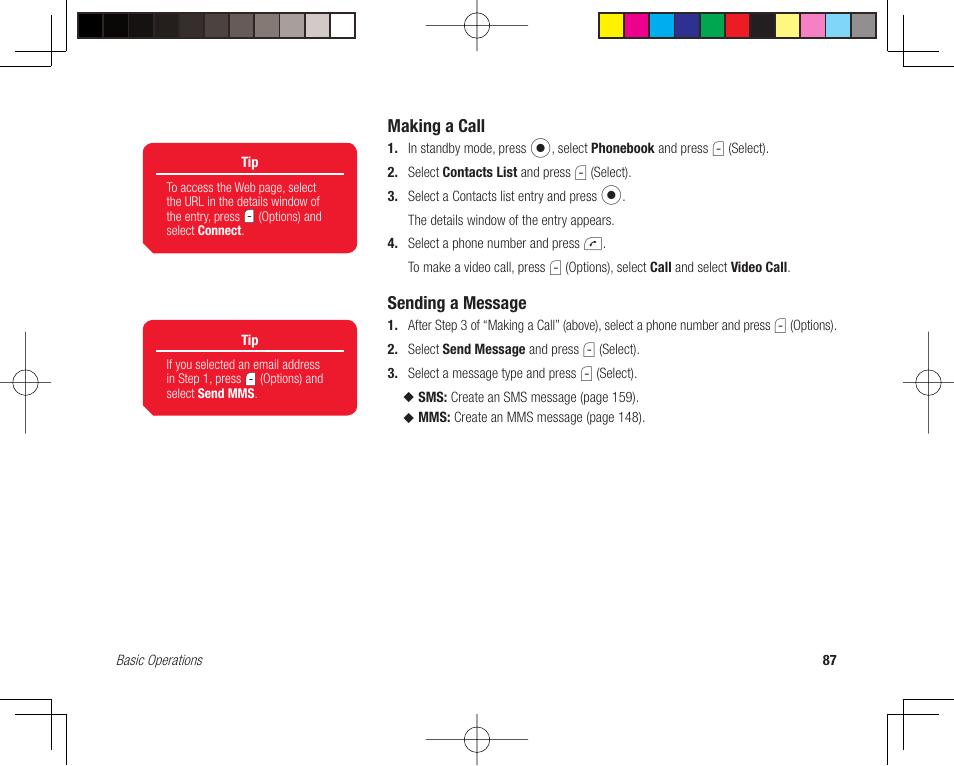 Making a call, Sending a message | Toshiba 705T User Manual | Page 87 / 315