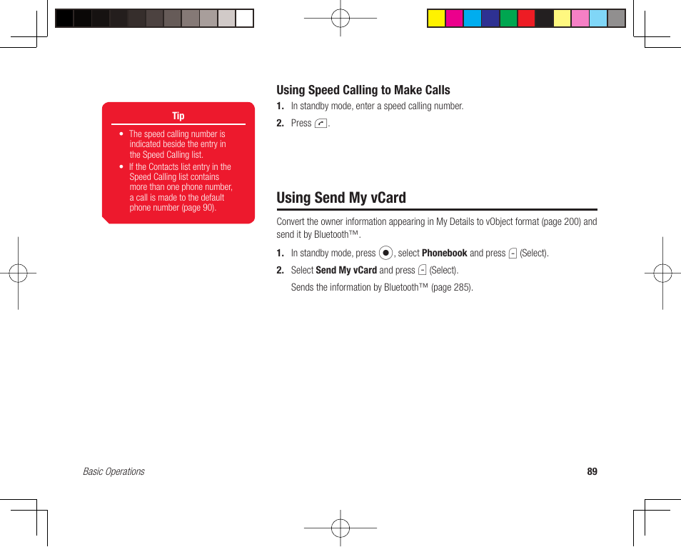 Using send my vcard, Using speed calling to make calls | Toshiba 705T User Manual | Page 89 / 315