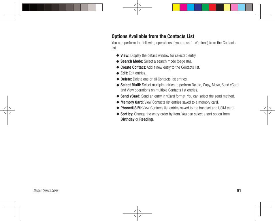 Options available from the contacts list | Toshiba 705T User Manual | Page 91 / 315