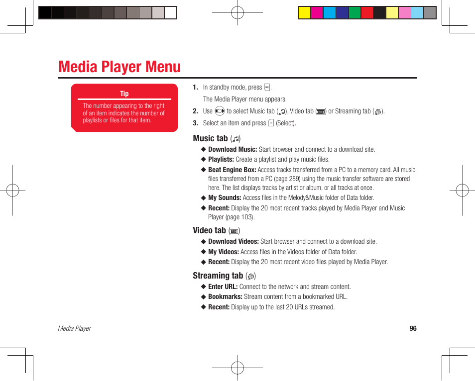 Media player menu | Toshiba 705T User Manual | Page 96 / 315