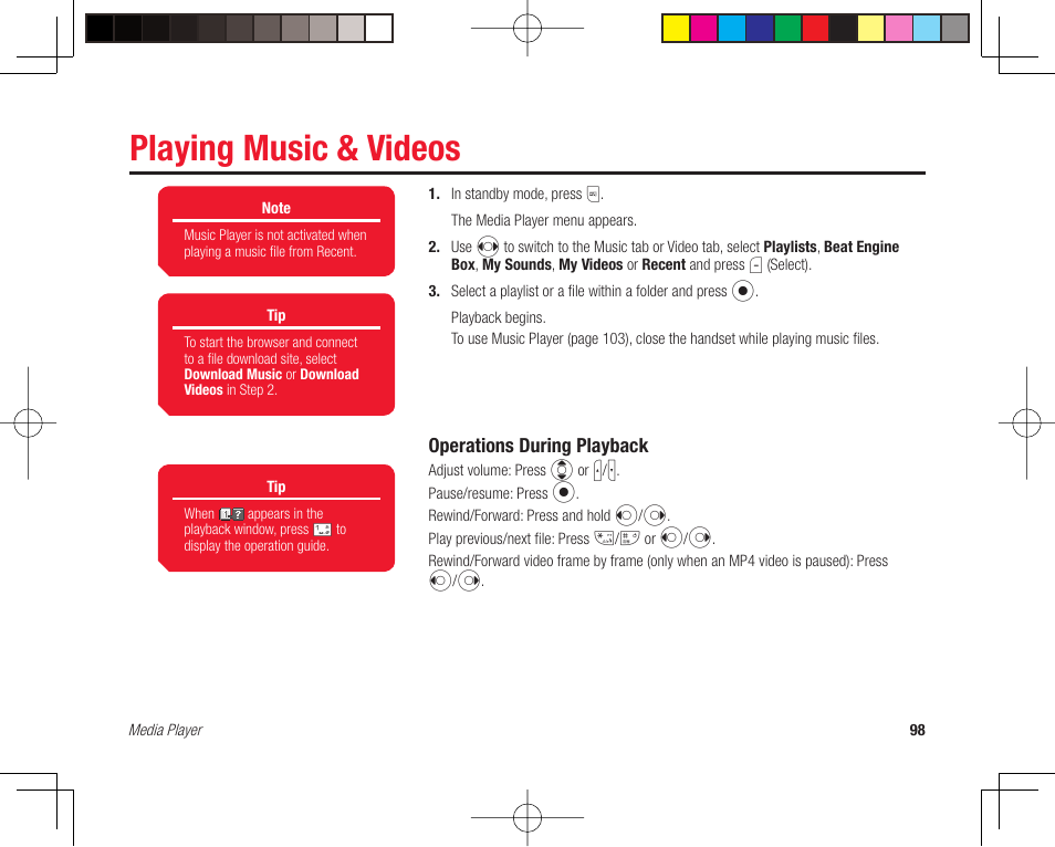 Playing music & videos, Operations during playback | Toshiba 705T User Manual | Page 98 / 315