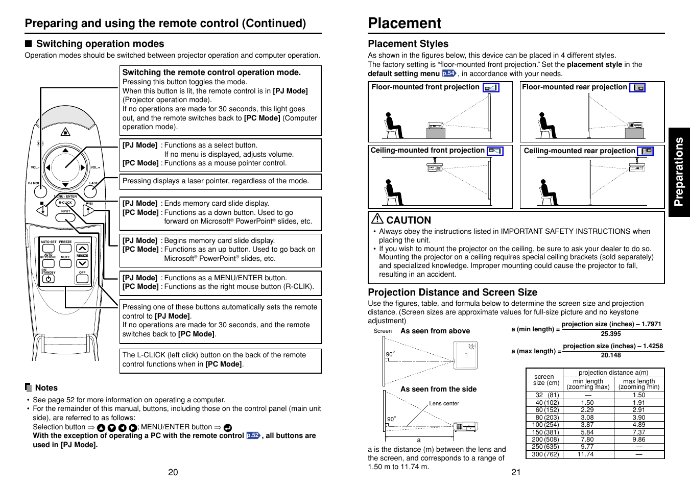 Placement, P.20, Preparations | Preparing and using the remote control (continued) | Toshiba T 720  EN User Manual | Page 11 / 37