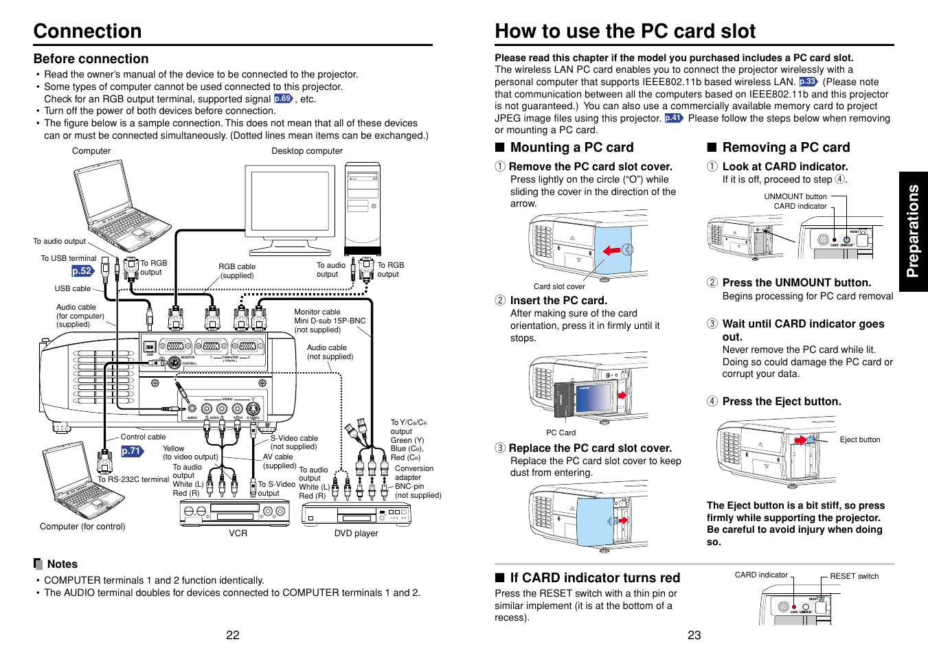 Connection, How to use the pc card slot, P.23 | Connection how to use the pc card slot, Preparations, Before connection, Mounting a pc card, Removing a pc card, If card indicator turns red | Toshiba T 720  EN User Manual | Page 12 / 37
