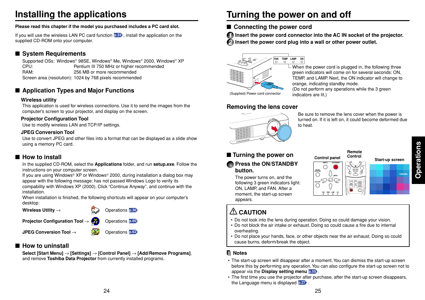 Installing the applications, Operations, Turning the power on and off | P.25, P.24 | Toshiba T 720  EN User Manual | Page 13 / 37