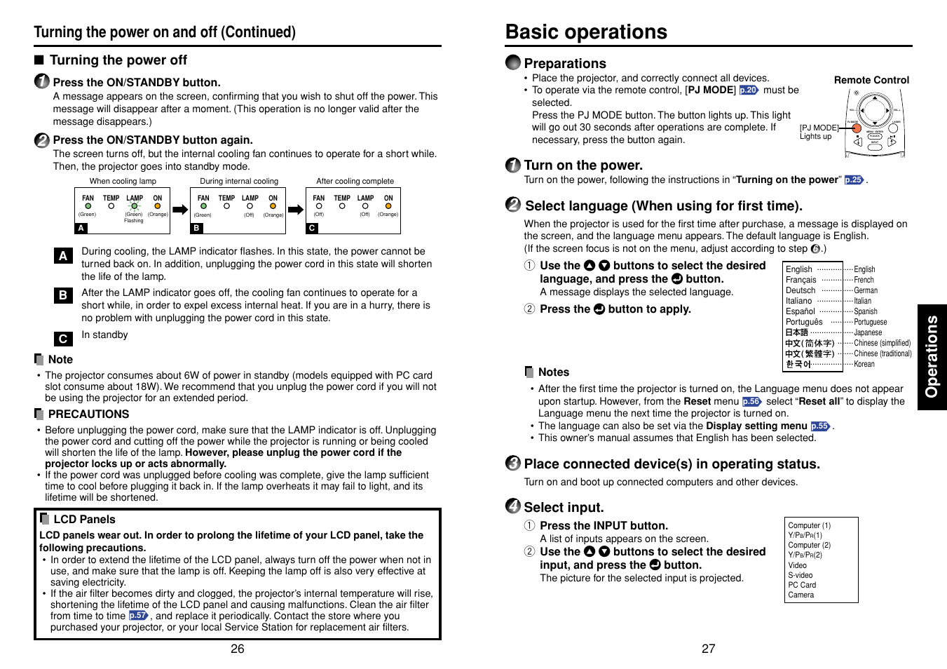 Basic operations, P.27, P.26 | Operations, Turning the power on and off (continued), Preparations, Turn on the power, Select language (when using for first time), Place connected device(s) in operating status, Select input | Toshiba T 720  EN User Manual | Page 14 / 37