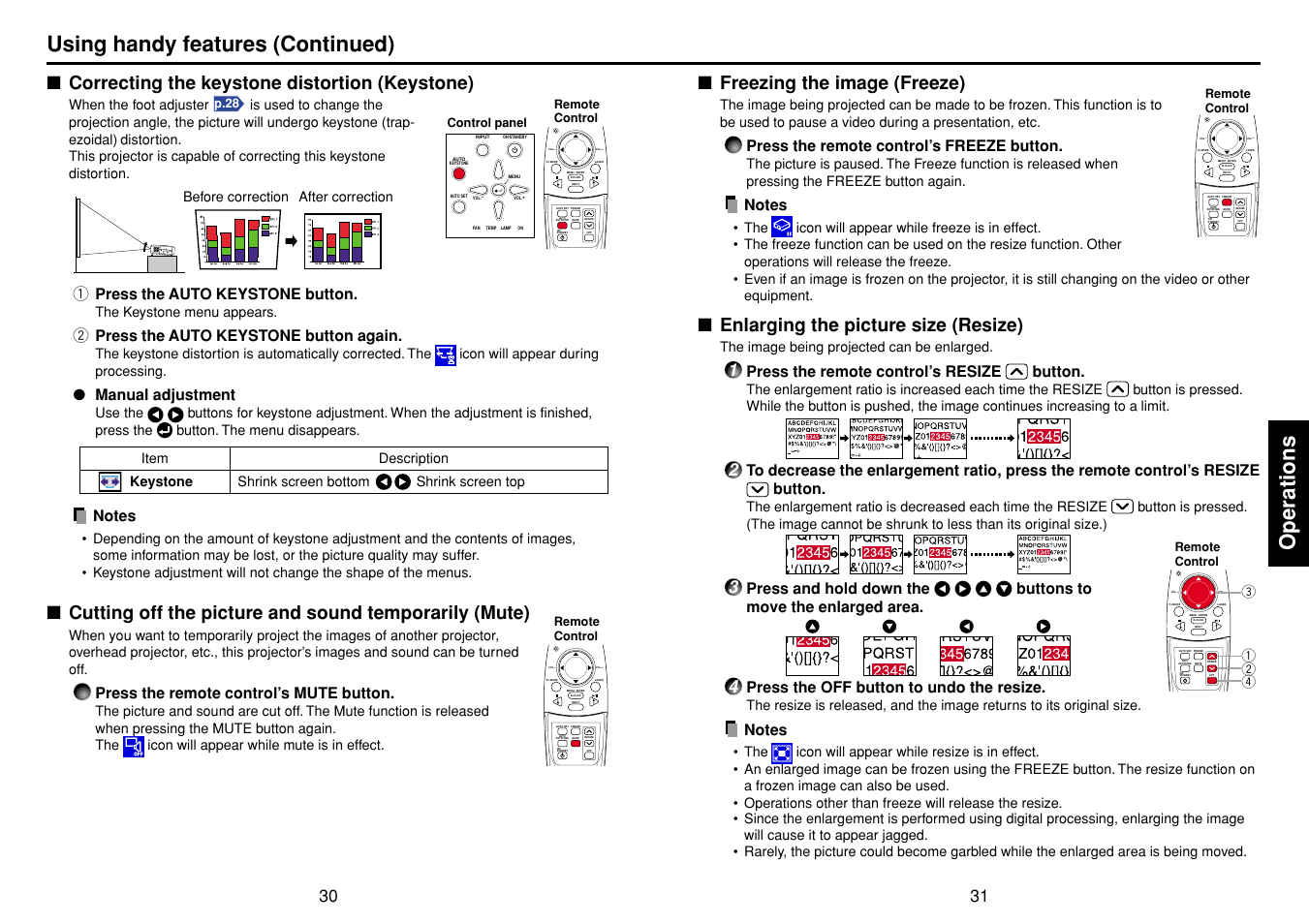 Correcting the keystone distortion (keystone), Freezing the image (freeze), Enlarging the picture size (resize) | P.30, P.31, Operations, Using handy features (continued) | Toshiba T 720  EN User Manual | Page 16 / 37