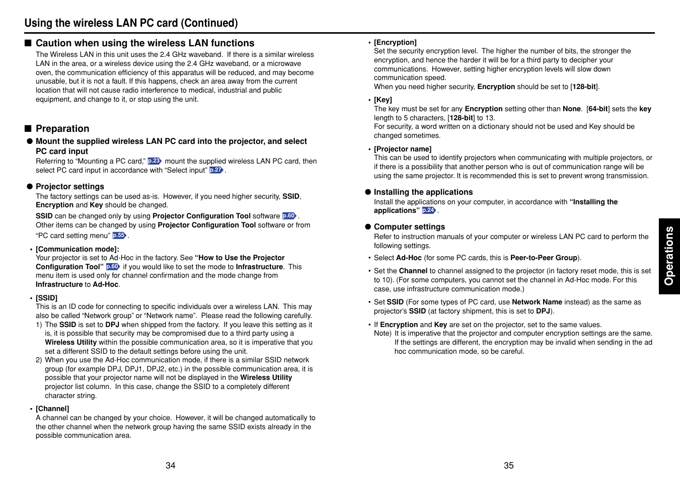 Caution when using the wireless lan functions, Preparation, P.34 | Operations, Using the wireless lan pc card (continued) | Toshiba T 720  EN User Manual | Page 18 / 37