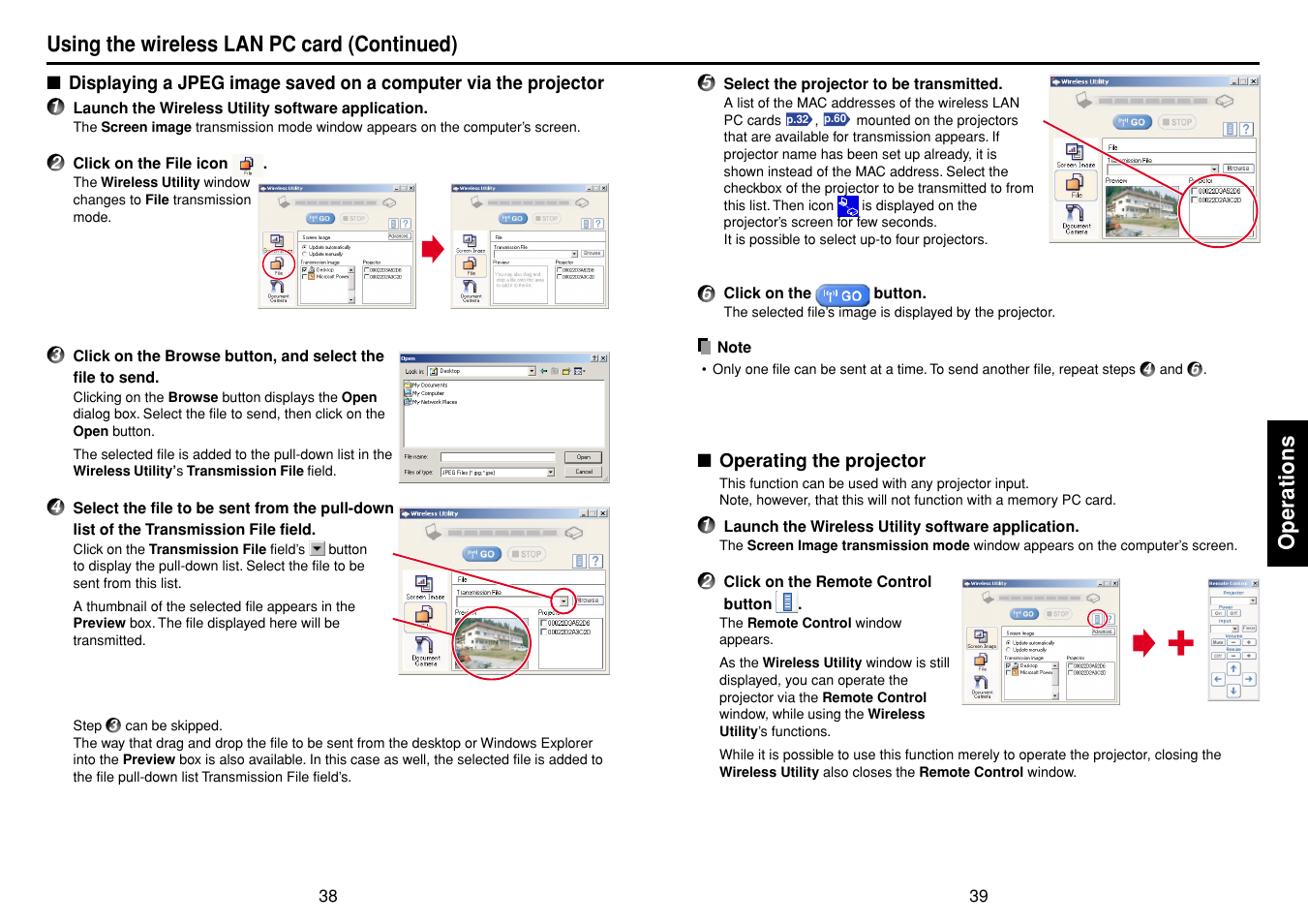 Operating the projector, Operations, Using the wireless lan pc card (continued) | Toshiba T 720  EN User Manual | Page 20 / 37