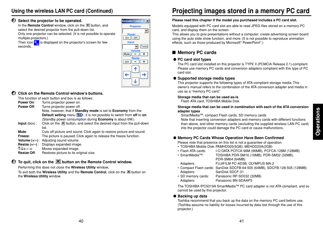 Projecting images stored in a memory pc card, Memory pc cards, P.41 | Operations, Using the wireless lan pc card (continued) | Toshiba T 720  EN User Manual | Page 21 / 37