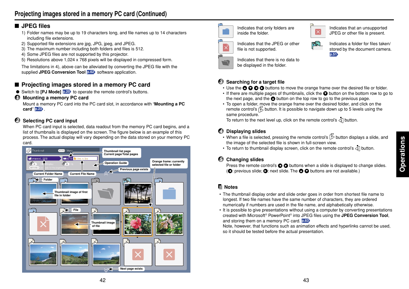 Jpeg files, Projecting images stored in a memory pc card, P.43 | Operations | Toshiba T 720  EN User Manual | Page 22 / 37