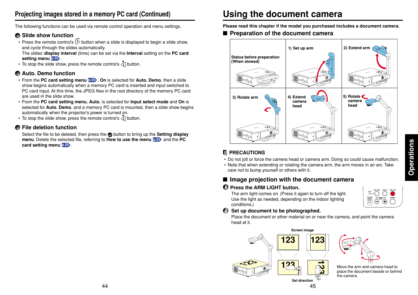 Using the document camera, Preparation of the document camera, Image projection with the document camera | P.45 | Toshiba T 720  EN User Manual | Page 23 / 37