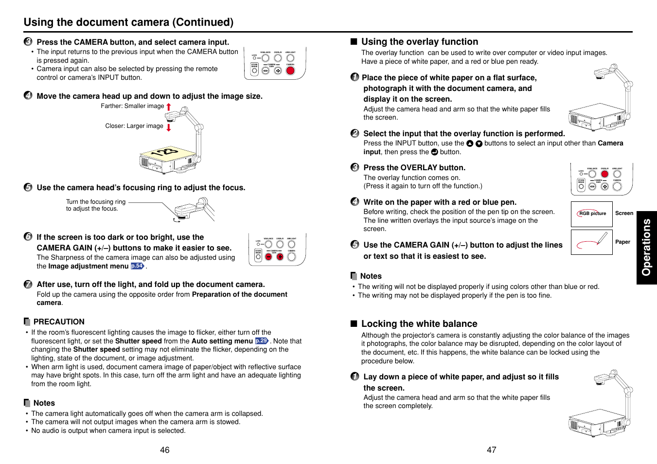 Using the overlay function, Locking the white balance, P.46 | P.47, Operations, Using the document camera (continued) | Toshiba T 720  EN User Manual | Page 24 / 37