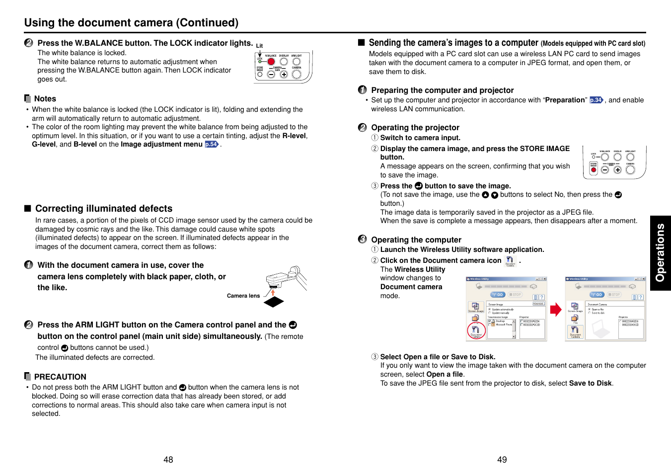 Correcting illuminated defects, Sending the camera’s images to a computer, P.48 | P.49, Operations, Using the document camera (continued) | Toshiba T 720  EN User Manual | Page 25 / 37