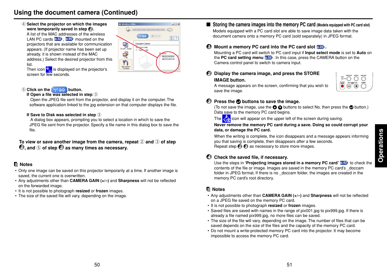 Storing the camera images into the memory pc card, P.51, Operations | Using the document camera (continued) | Toshiba T 720  EN User Manual | Page 26 / 37