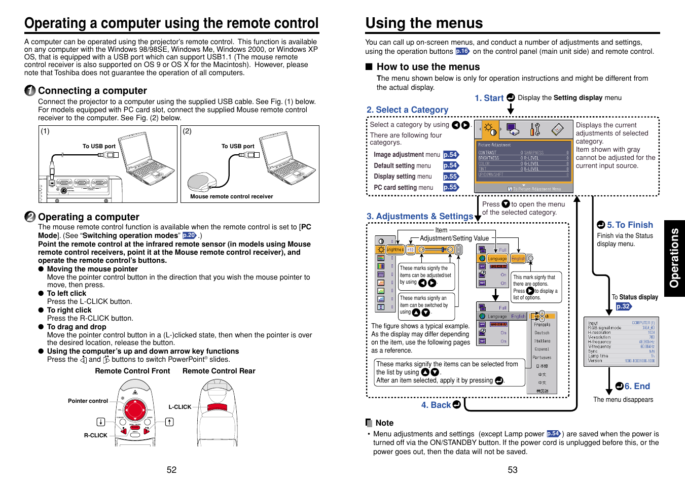 Operating a computer using the remote control, Using the menus, How to use the menus | P.53, P.52, Operations, Connecting a computer, Operating a computer | Toshiba T 720  EN User Manual | Page 27 / 37