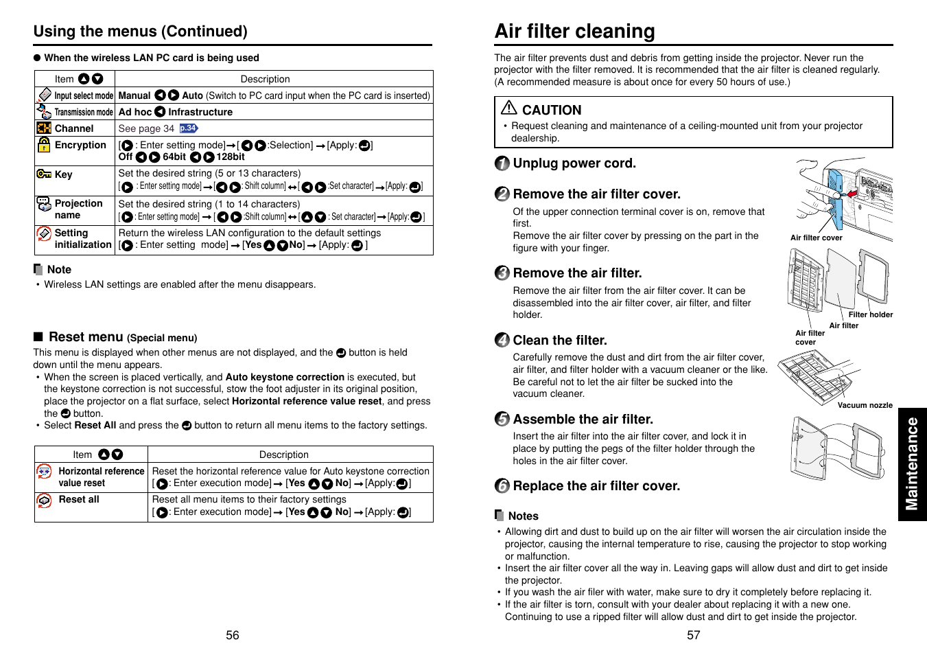 Reset menu, Maintenance, Air filter cleaning | P.56, P.57, Using the menus (continued) | Toshiba T 720  EN User Manual | Page 29 / 37