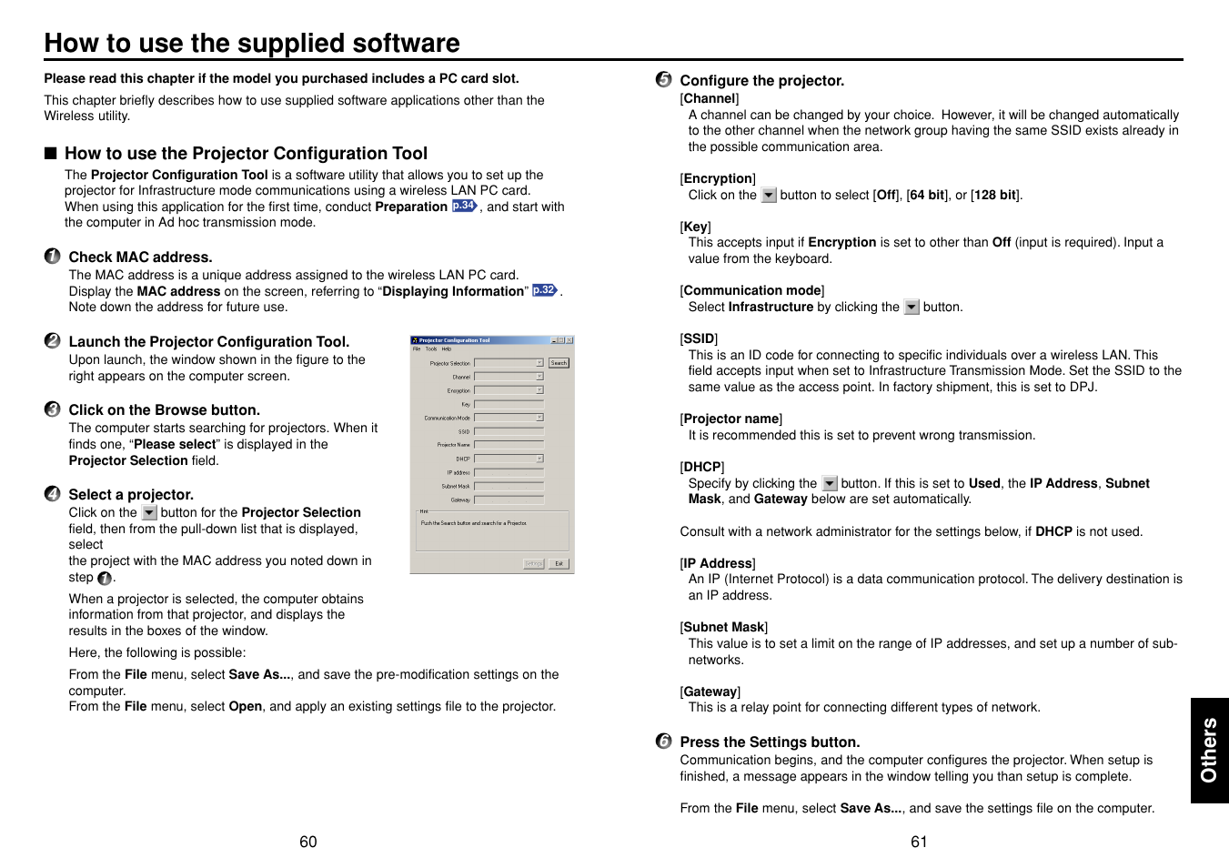 Others, How to use the supplied software, How to use the projector configuration tool | P.60, P.61 | Toshiba T 720  EN User Manual | Page 31 / 37