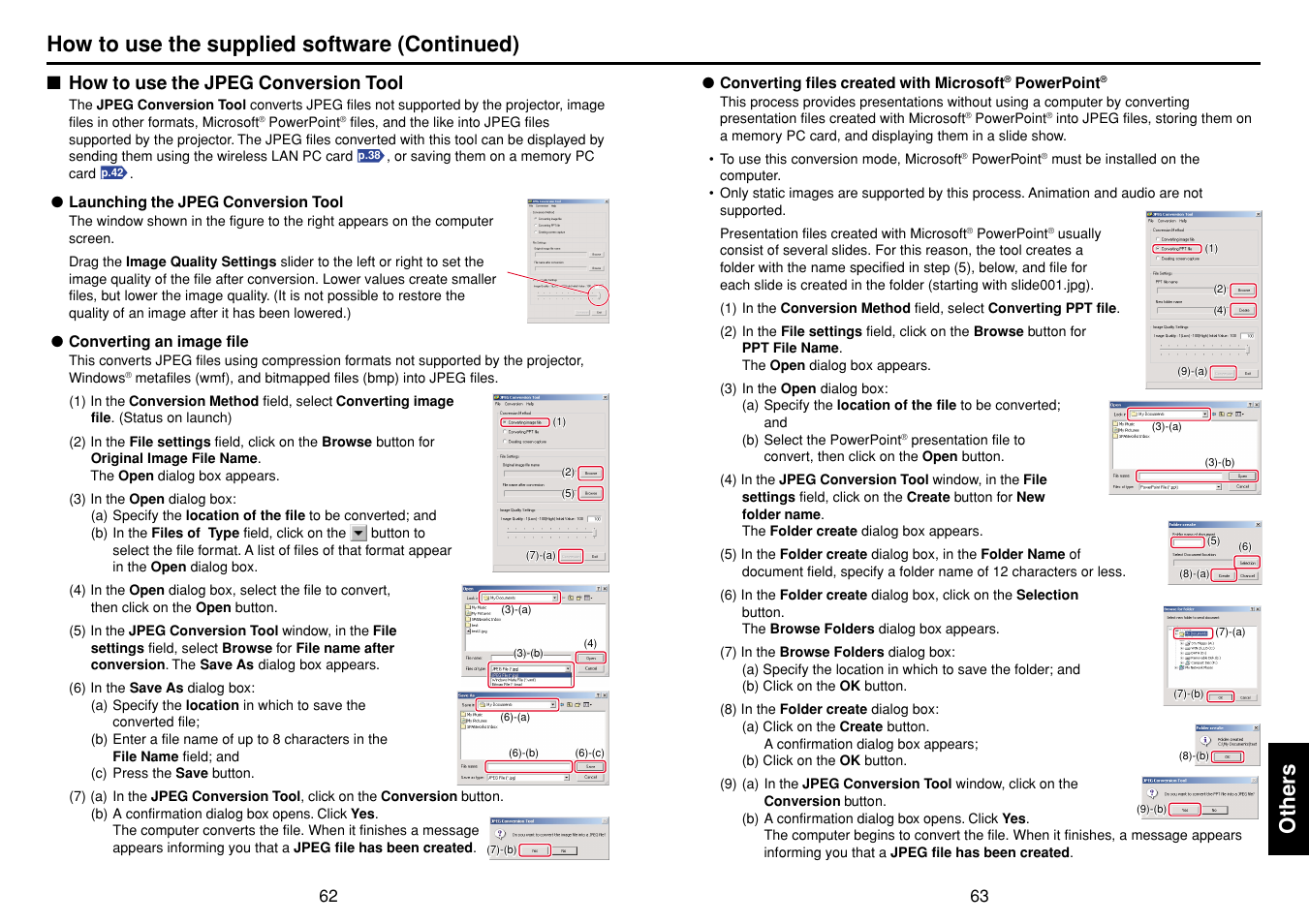 How to use the jpeg conversion tool, P.62, P.63 | Others, How to use the supplied software (continued) | Toshiba T 720  EN User Manual | Page 32 / 37