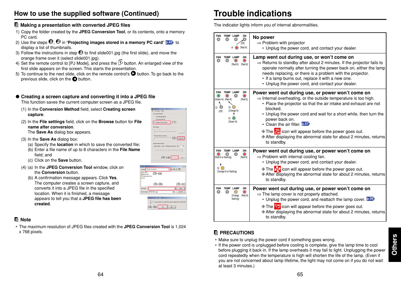 Trouble indications, P.65, Others | How to use the supplied software (continued) | Toshiba T 720  EN User Manual | Page 33 / 37