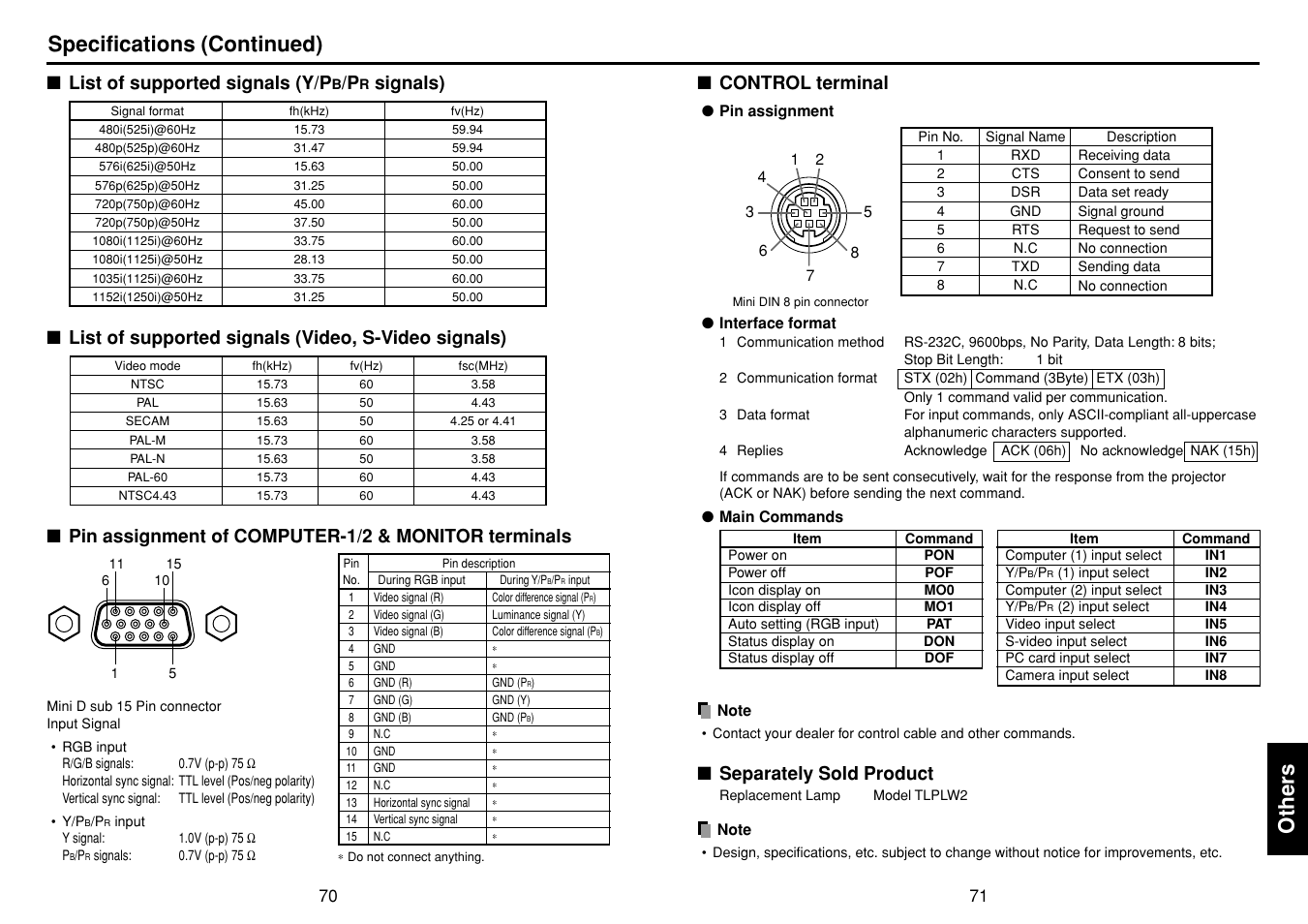 List of supported signals (y/pb/pr signals), List of supported signals (video, s-video signals), Pin assignment of computer-1/2 & monitor terminals | Control terminal, Separately sold product, P.71, P.70, Others specifications (continued), List of supported signals (y/p, Signals) | Toshiba T 720  EN User Manual | Page 36 / 37