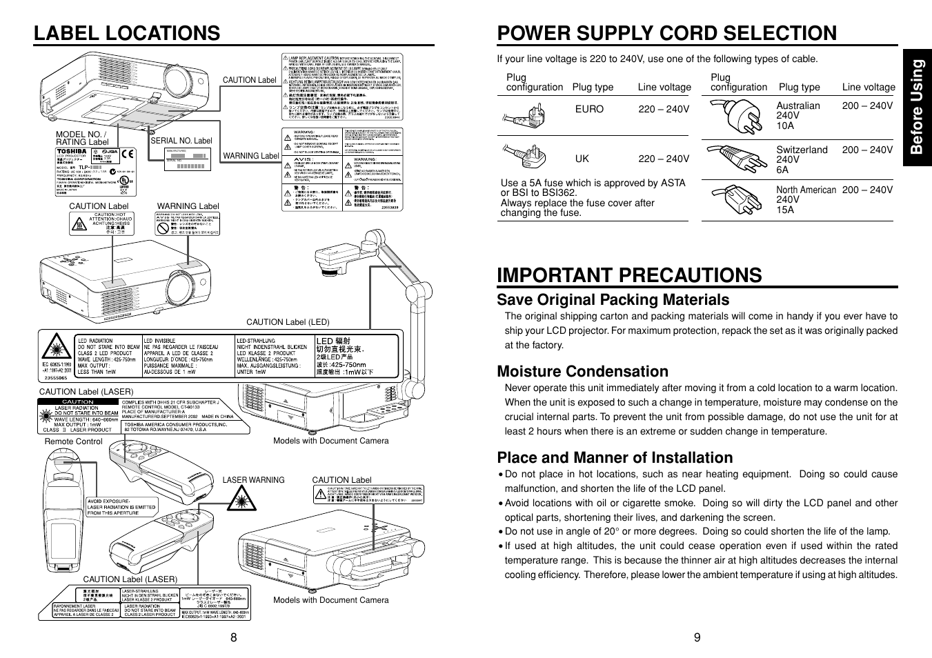 Label locations, Power supply cord selection, Important precautions | Bef ore using, Save original packing materials, Moisture condensation, Place and manner of installation | Toshiba T 720  EN User Manual | Page 5 / 37