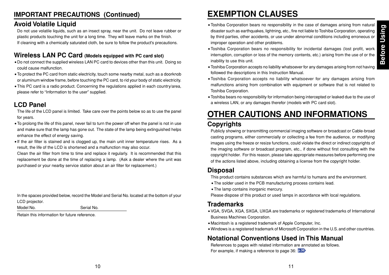 Exemption clauses, Other cautions and informations, Bef ore using | Copyrights, Disposal, Trademarks, Notational conventions used in this manual, Important precautions (continued), Avoid volatile liquid, Wireless lan pc card | Toshiba T 720  EN User Manual | Page 6 / 37