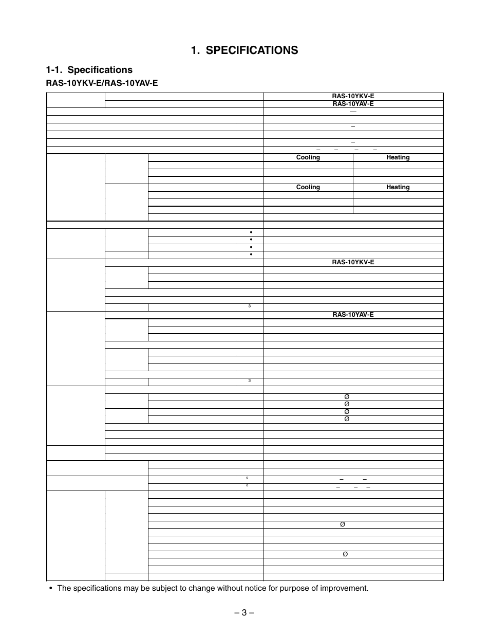 Specifications, 1. specifications, Ras-10ykv-e/ras-10yav-e | Toshiba RAS-10YKV-E User Manual | Page 3 / 79