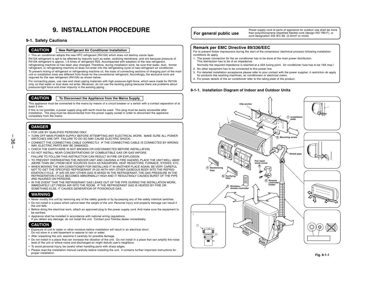 Installation procedure, 1. safety cautions for general public use, Caution | Danger, Warning | Toshiba RAS-10YKV-E User Manual | Page 36 / 79