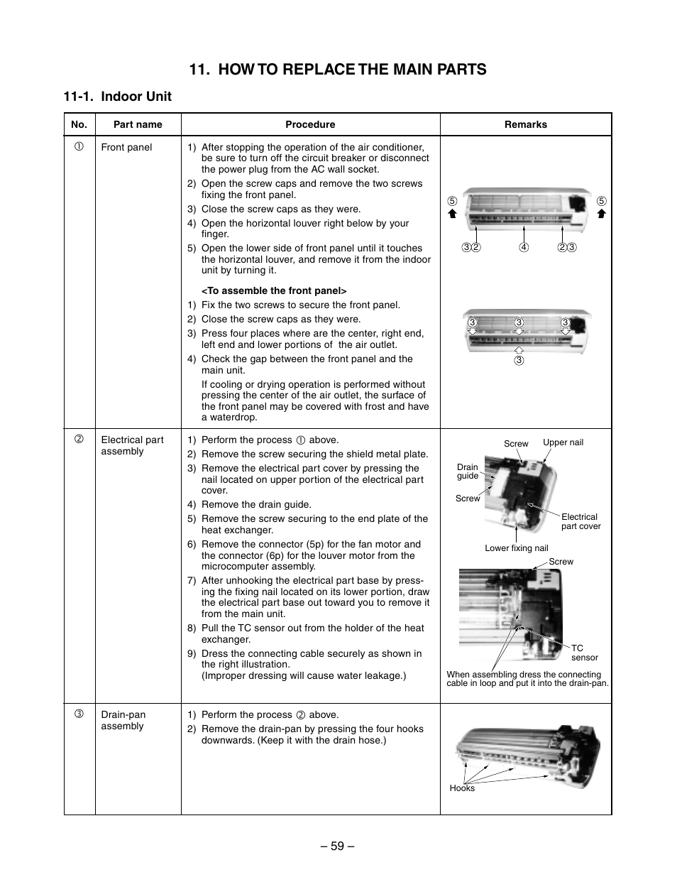 How to replace the main parts, 1. indoor unit | Toshiba RAS-10YKV-E User Manual | Page 59 / 79
