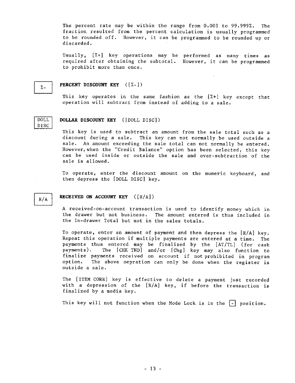 Percent discount key ([%-]), Received on account key ([r/a]) | Toshiba TEC MA-1040-100 Series User Manual | Page 13 / 48