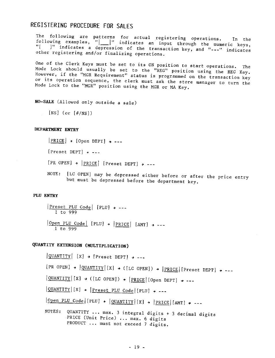 Registering procedure for sales, Department entry, Plu entry | Quantity extension (multiplication) | Toshiba TEC MA-1040-100 Series User Manual | Page 19 / 48