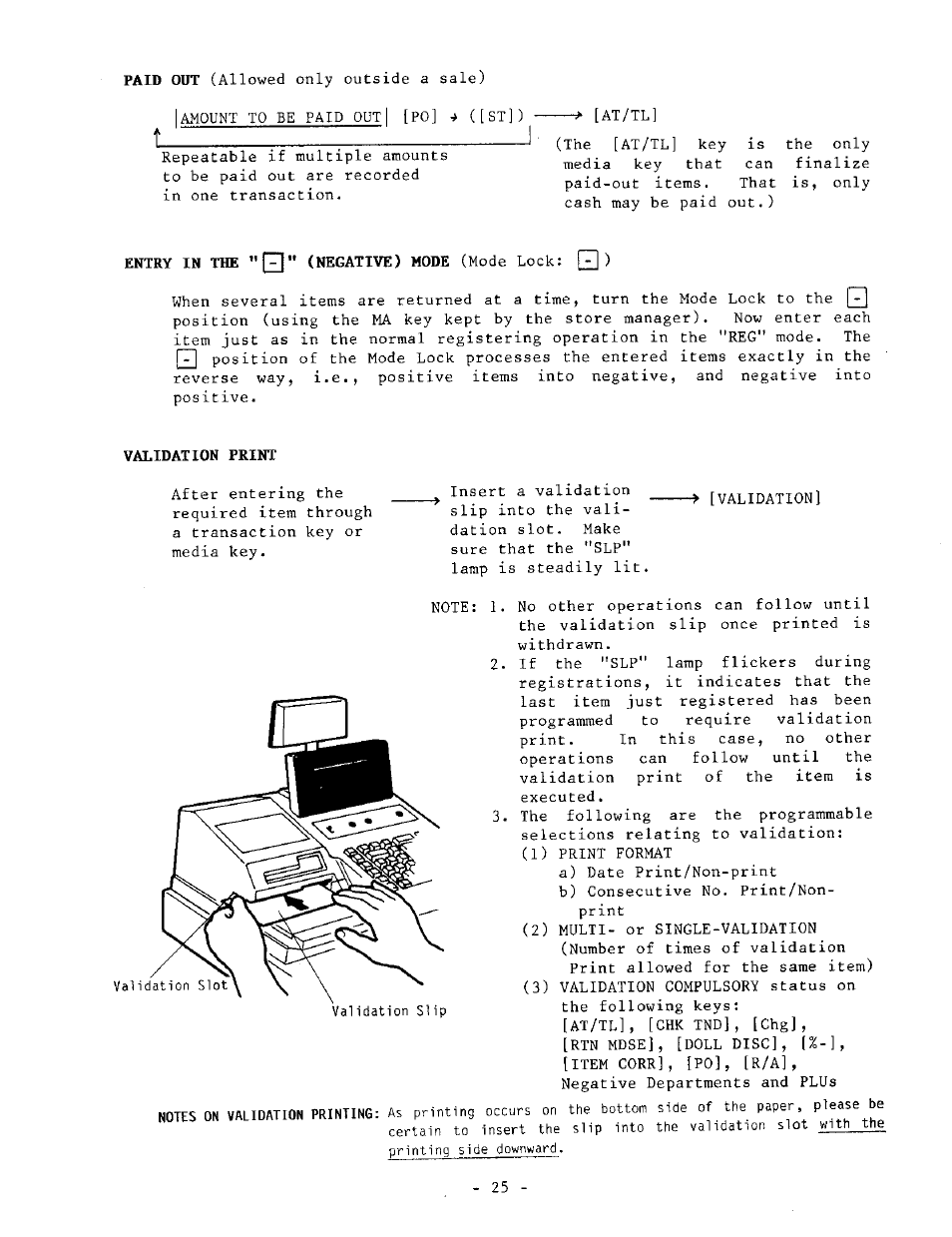 Entry in the "0" (negative) mode (mode lock: 0), Validation print | Toshiba TEC MA-1040-100 Series User Manual | Page 23 / 48
