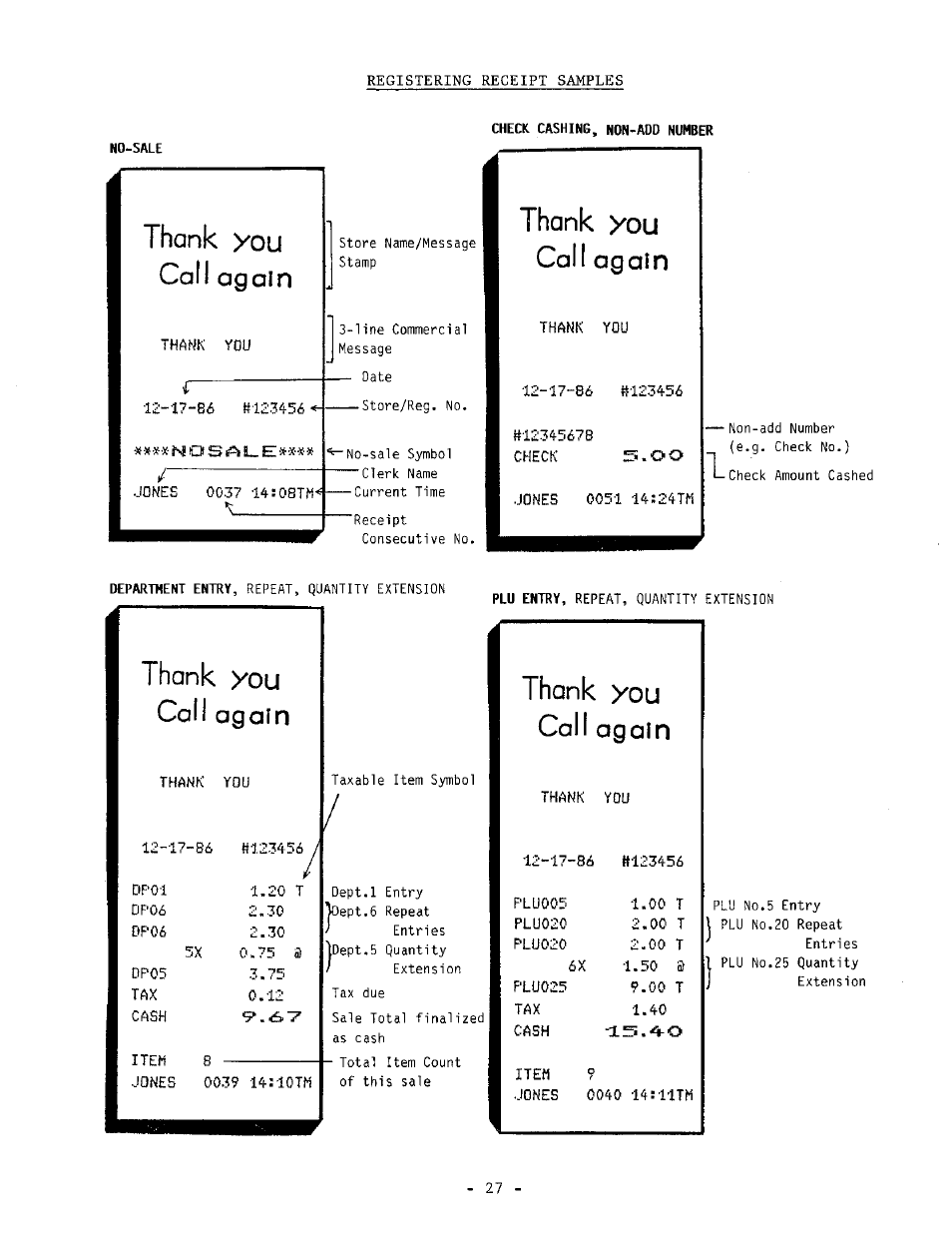 Check cashing, non-add number, No-sale, Thank you call again | Toshiba TEC MA-1040-100 Series User Manual | Page 25 / 48