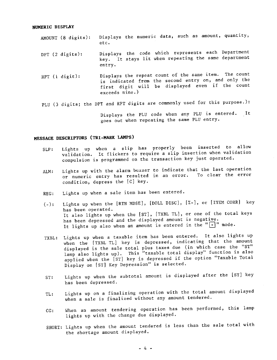 Message descriptors (tri-mark lamps) | Toshiba TEC MA-1040-100 Series User Manual | Page 4 / 48