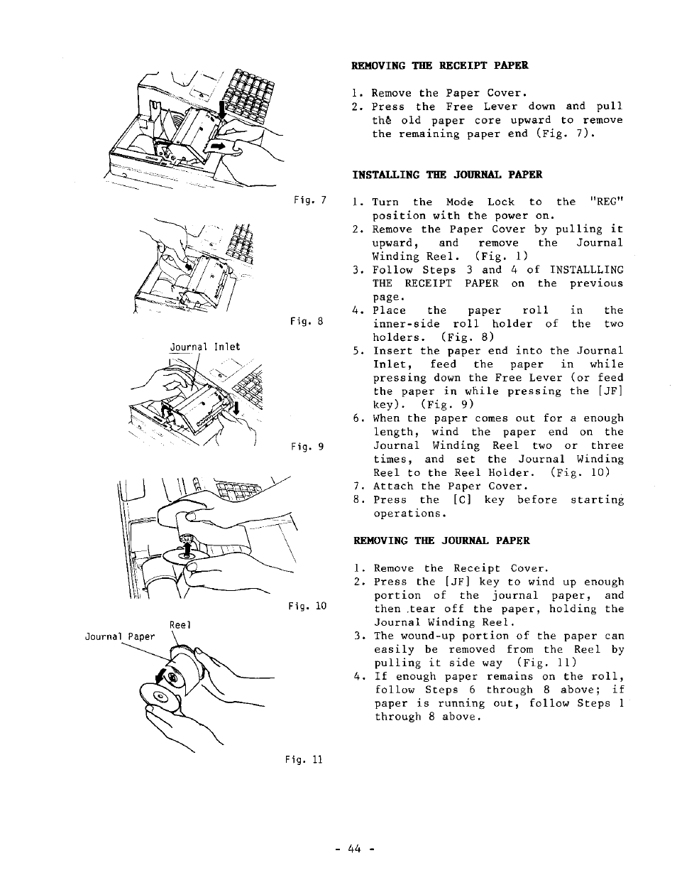Removing the receipt paper, Installing the journal paper, Removing the journal paper | Toshiba TEC MA-1040-100 Series User Manual | Page 42 / 48