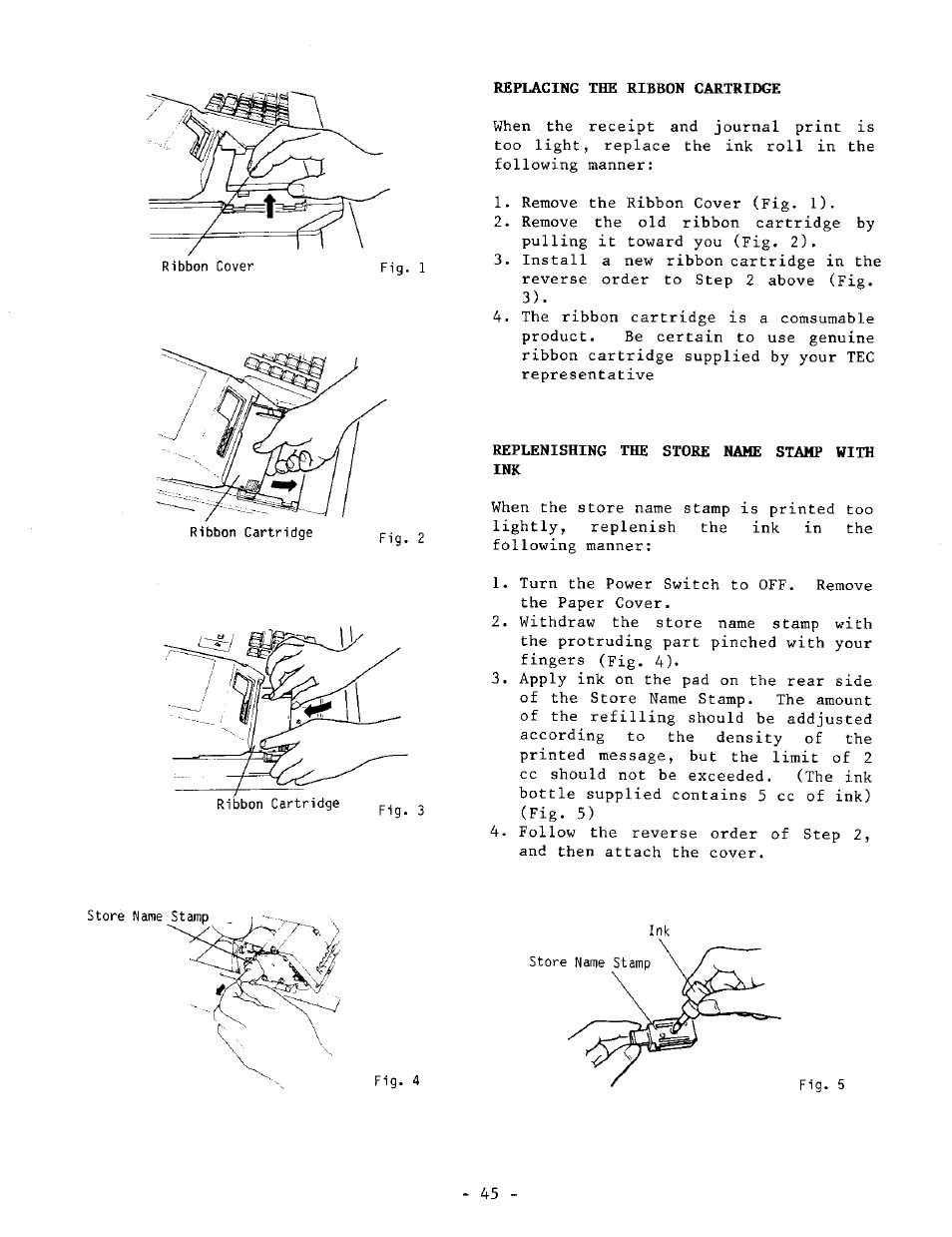 Replacing the ribbon cartridge, Replenishing the store name stamp with ink | Toshiba TEC MA-1040-100 Series User Manual | Page 43 / 48