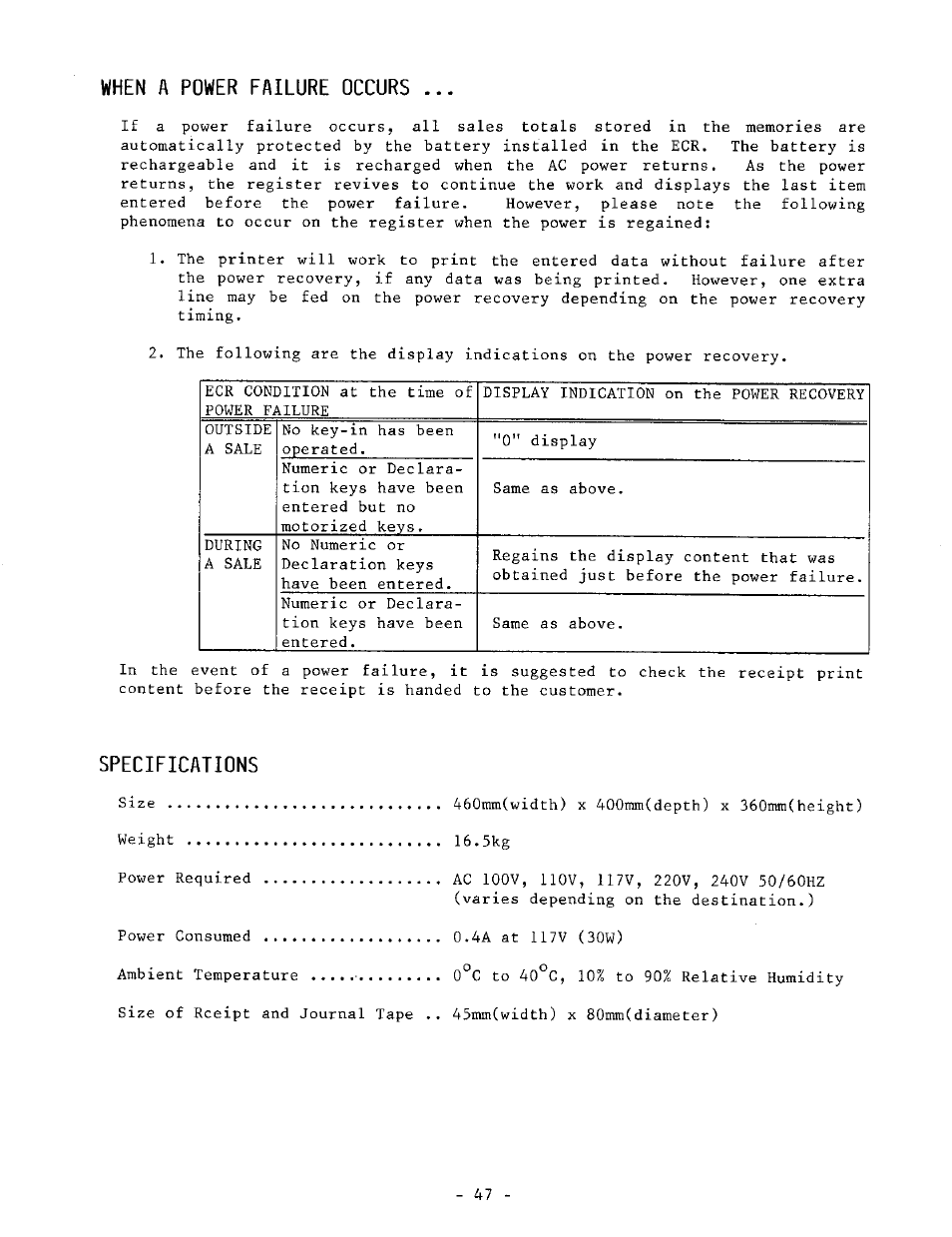 When a power failure occurs, Specifications | Toshiba TEC MA-1040-100 Series User Manual | Page 45 / 48